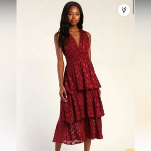 Lulus Make It Mesmerizing Wine Red Jacquard Tiered Midi Dress